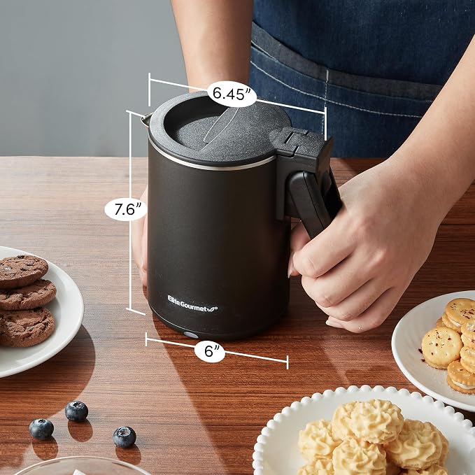 Elite Gourmet Dual Voltage 120-230V, Travel Double Wall Insulated Cool-Touch, 0.6L Electric Kettle Stainless Steel Interior, Hinged-Locking Lid, Auto Shut-Off, Boil Dry Protection, Black