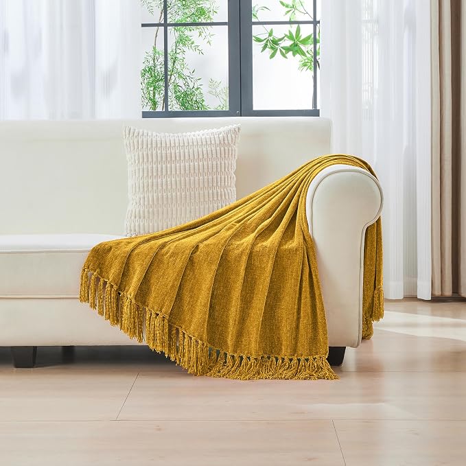 CozeCube Chenille Throw Blanket, Harvest Gold Fringe Blanket, 60"X80" | For Couch, Cozy Plush Fuzzy Decorative Blanket with Fringe Tassels, Lightweight Throws for Bed Sofa Gift Home Decor