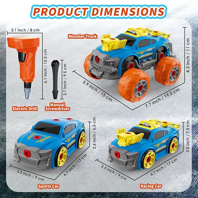 Pup Go 3-in-1 Construction Car for Boys Ages 3+ Years Old, Take Apart Car with Electric Drill, 46 Pcs Cars Building Kit, Build Your Own Toy Cars with Tools, Ideal STEM Present for Kids Children(Blue)