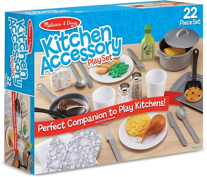 Melissa & Doug 22-Piece Play Kitchen Accessories Set with Play Food & Wooden Toys, Pot, Pans, Utensils & More, Preschool Learning Toys for Girls & Boys 3+