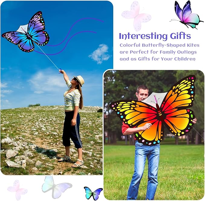 Silipull 2 Pcs Butterfly Kite 55" x 28" Large Kites with 328ft Kite String Beach Colorful Kites for Adults Beginner Outdoor Supplies (Purple and Orange)