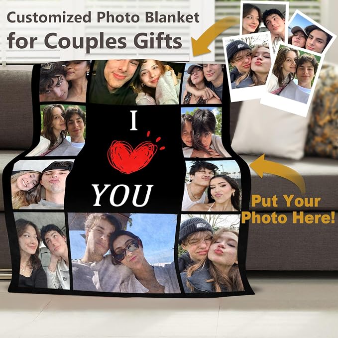 ICELIETE Custom Blanket with Picture Customized Fleece Photo Blanket for Couples Gifts Personalized Blankets and Throws Christmas Valentines Day Gifts for Boyfriend Girlfriend