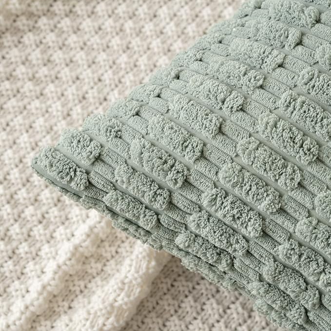 MIULEE Corduroy Decorative Throw Pillow Covers 18x18 Grey Green Pack of 2 | Soft Boho Striped Pillow Covers Modern Farmhouse Home Decor For Sofa Living Room Couch Bed
