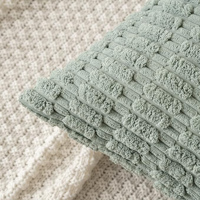 MIULEE Euro Sham Corduroy Decorative Throw Pillow Covers 22x22 Grey Green | Pack of 2 Soft Boho Striped Pillow Covers Modern Farmhouse Home Decor For Sofa Living Room Couch Bed