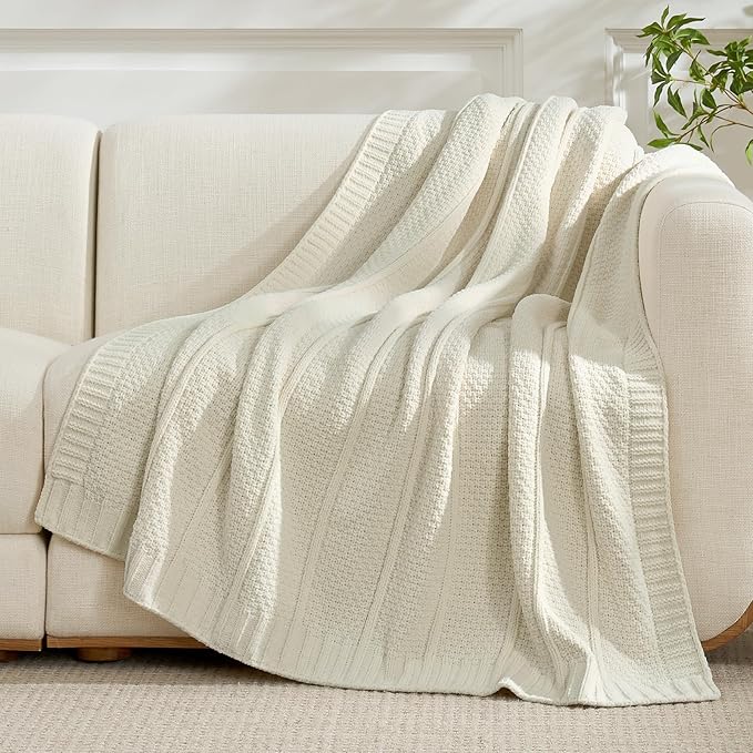 Amélie Home Premium Chenille Throw Blanket, Soft Cozy Moss Stitch Knit Blanket for Couch, Sofa, Chair, Home Decor, Ivory 50"x60"
