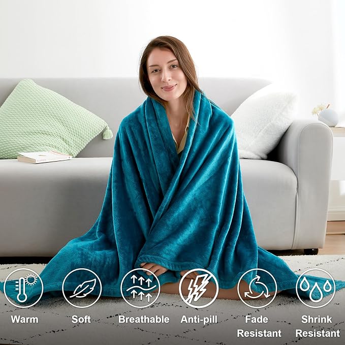 Hansleep Throw XL Teal Fleece Blanket, Soft Flannel Bed Blanket | Fuzzy Cozy Blanket 50x70 Inches, Multi-use for Bed, Sofa, Couch, Travel, Camping, All Season Warm Lightweight Cover