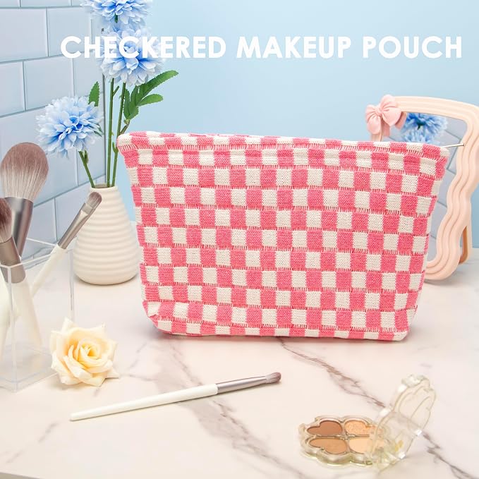 Knitted Checkered Makeup Bag Large Zipper Make Up Accessory Pouch for Purse Cosmetic Brush Bag for Travel Essential Pink White