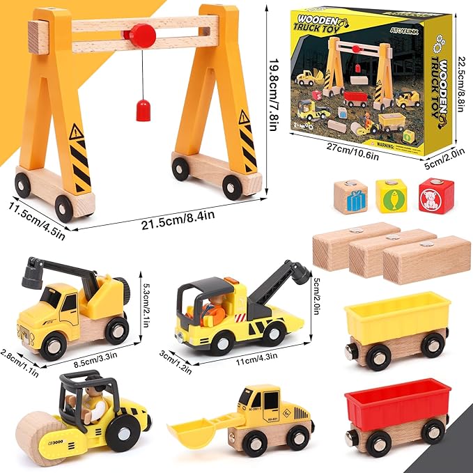Atoylink 15PCS Kids Wooden Construction Toys with Magnetic Train Cars, Gantry Crane Bulldozer Roller Tow Truck Construction Site Vehicles Playset Gifts for 3 4 5 6 Year Old Toddlers Boys
