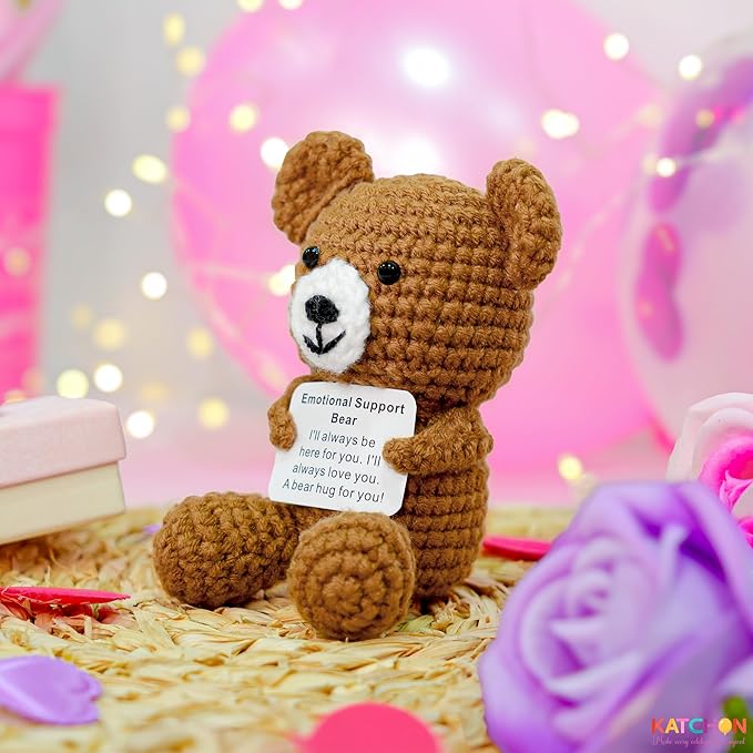 KatchOn, Emotional Support Crochet Teddy Bear | Crochet Animals with Positive Messages | Positive Crochet Animals, Coworker Gifts | Stuffed Animal | Emotional Support Bear
