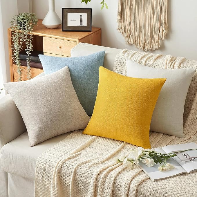 MIULEE Pack of 2 Decorative Linen Burlap Textured Pillow Covers Farmhouse Boho Accent Pillowcases Spring Home Decor for Couch Sofa Bedroom Living Room 20x20 Inch Bright Yellow