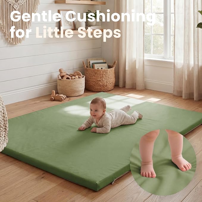 Huloo Sleep Baby Play Mat 65x50 Inches, 1.3" Thick Padded Waterproof Floor Cushion & Playpen Mat with Vegan Leather, Non-Slip & Non-Toxic Nursery Rug for Infants, Toddlers & Kids(Green)