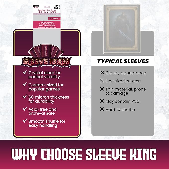 Sleeve Kings Premium Super Large Card Sleeves – 89x146mm, 110 Pack, 60 Micron Thick, Extra Clear, Acid-Free, PVC-Free, Compatible with Kingdom Death: Monster, The Elder Scrolls: Call to Arms & More