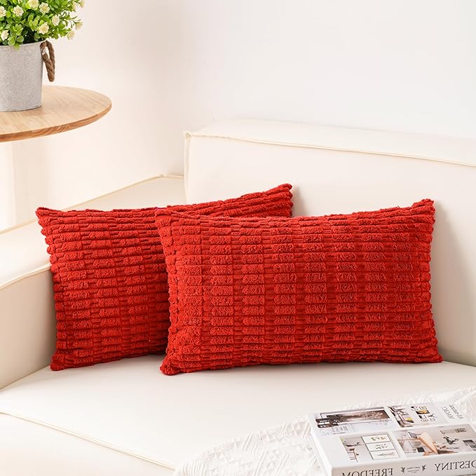 Aegero Pack of 2 Corduroy Decorative Throw Pillow Covers 12x24 Inch, Red | Fall Soft Striped Pillow Covers Modern Farmhouse Home Decor Christmas Throw Pillow Covers for Sofa Living Room Couch Bed