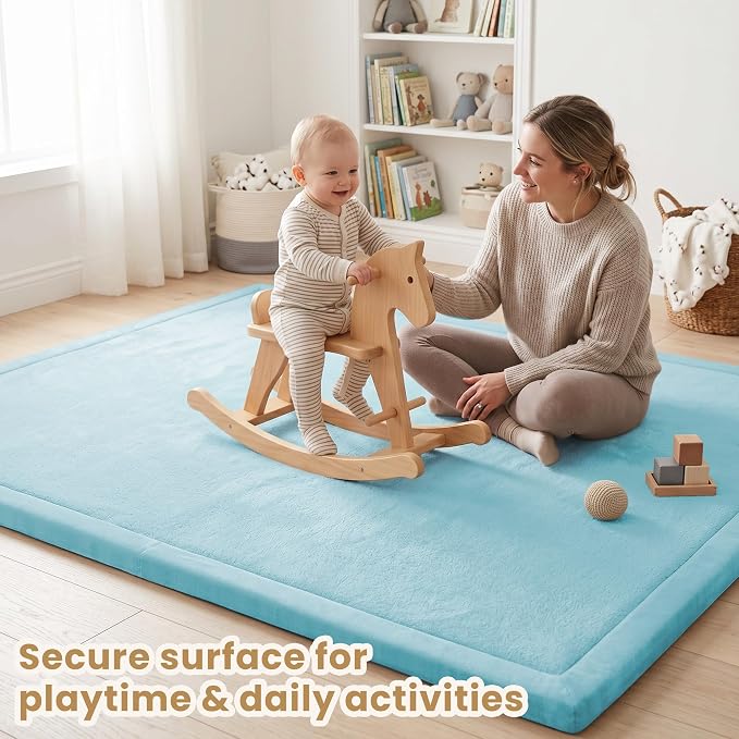 ACOMOPACK Baby Play Mat for Floor 1.3" Thick Memory Foam Play Mat 59"×71" Tummy Time Crawling with Non-slip Bottom for Living Room,Nursery,Soft Velvet Playpen Mats for Kids,Infants（Light Blue）