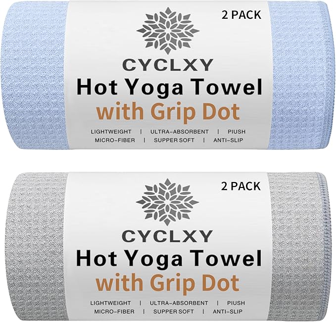 2 Pack Hot Yoga Towel with Grip Dot，Stickyfiber Yoga Mat Towels Non Slip for Hot Yoga,Absorbent Microfiber Sweat Anti-Slip Cover,Bikram,Pilates,Exercise
