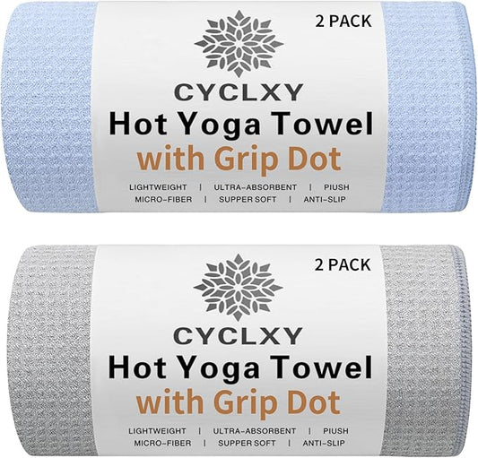 2 Pack Hot Yoga Towel with Grip Dot，Stickyfiber Yoga Mat Towels Non Slip for Hot Yoga,Absorbent Microfiber Sweat Anti-Slip Cover,Bikram,Pilates,Exercise