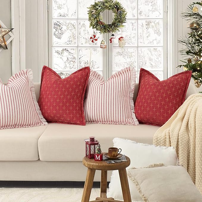 Christmas Pillow Covers 24x24 Set of 2 Soft Polyester Textured Red Pillows with Stylish Flange Edge Cozy Farmhouse Christmas Decor for Couch Bed Sofa Living Room (Red)