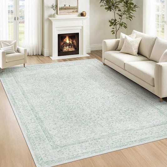6x9 Area Rugs for Living Room: Washable Vintage Floral Rug Low Pile Non-Slip Boho Carpet for Nursery Bedroom Dining Room (Green, 6'x9')