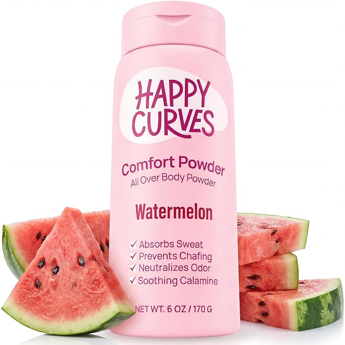 HAPPY CURVES Comfort Powder: Talc Free Anti Chafe Body & Foot Dusting Powder Deodorant to Control Inner Thigh Chafing, and Private Areas 6oz (Pack of 1) - Watermelon