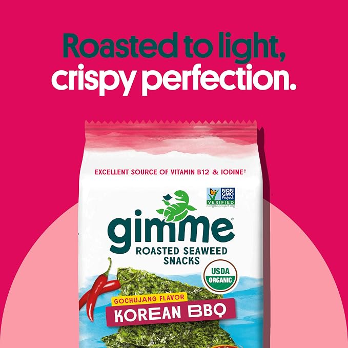 Gimme Seaweed Organic Premium Roasted Seaweed Snacks,Korean BBQ,Keto,Vegan,Gluten-Free,Great Source of Omega3s and Iodine,Healthy On-The-Go Snack for Kids and Adults,6 Count (Pack of 2)