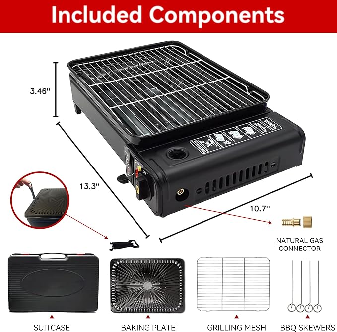 Portable Butane Stove - Compact Gas Grill Stove with Detachable Grate + Durable Carry Case | Dual Fuel Tabletop BBQ for Camping, Korean BBQ, Tailgating | Fast Stainless Steel Outdoor Cooker