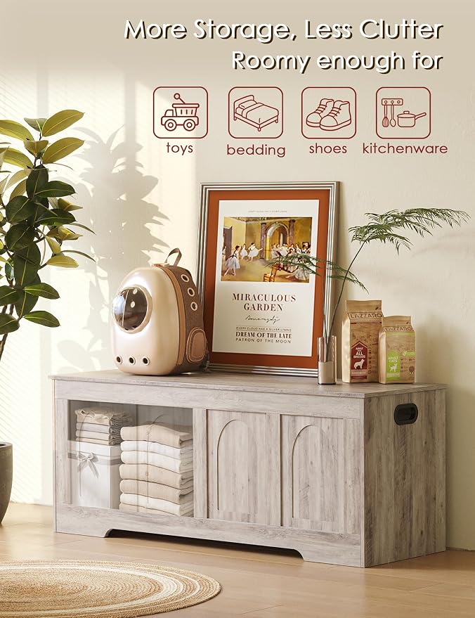 Storage Chest, Wooden Toy Box, Greige 47.2" L | Entryway Shoe Bench, 2 Soft-close Hinges, Finger-safe Flip-Top Lid, Easy Assembly, Farmhouse Large Trunk, Living Room/Bedroom