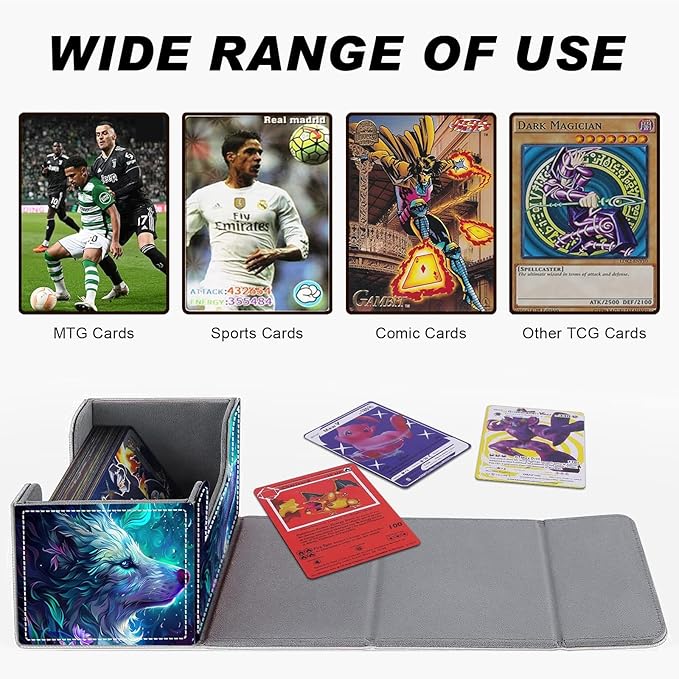 DEGDFSGRCard Game Storage Box for TCG MTG Commander Deck Box Organizer Trading Card CaseMagnetic Closure Creative Pattern Up to 200 Cards (Blue And Purple Glowing Wolf, 1 pack)