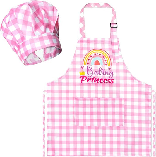 R HORSE 2Pcs Kid Apron and Chef Hat Set, Adjustable Children Coquettish Pink Kitchen Toddler Apron for Girls, Dress up Role Play Chef Toy Funny Cooking Gift Birthday Gift for Kids Baking Painting