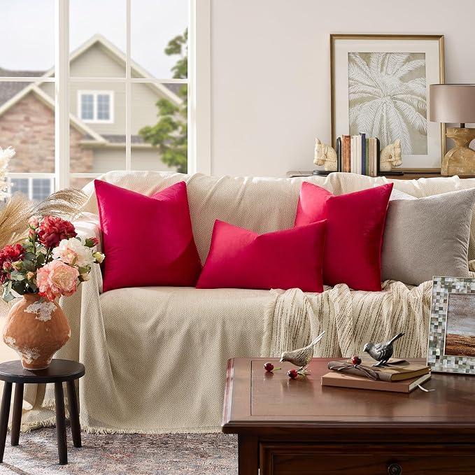 GIGIZAZA Red Velvet Pillow Covers 22x22 Decorative Pillows Pack of 2 | Throw Pillows for Couch Sofa,280gsm Soft Textured Fabric,Modern Square Pillowcases,Luxury Cushion Covers