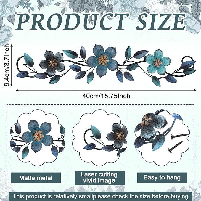 Wesiti Metal Flower Wall Decor Vintage Metal Flower Wrought Iron Scroll Sculpture 15.7''x3.7'' Not 3D, Flat Farmhouse Leaf Wall Decor with Nails for Summer Bedroom Kitchen Indoor Outdoor(Blue)