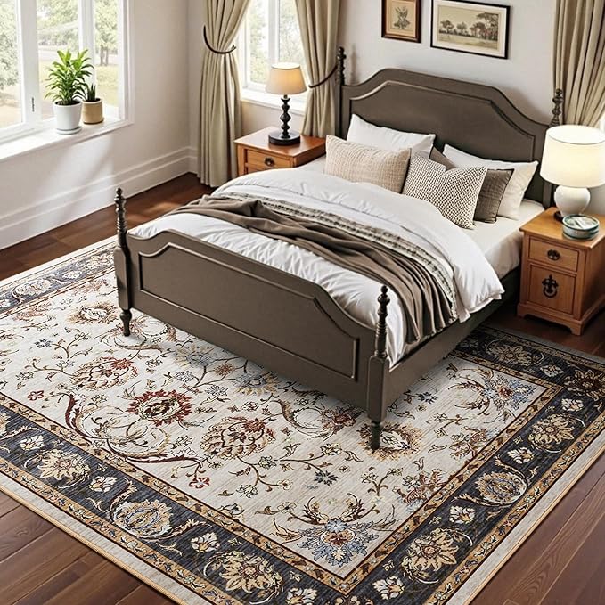 4x6 Ft Washable Area Rug for Bedroom, Non Slip Rugs for Living Room Ultra-Thin Accent Indoor Floor Carpet for Nursery Playroom Home Decor (Beige Yellow)