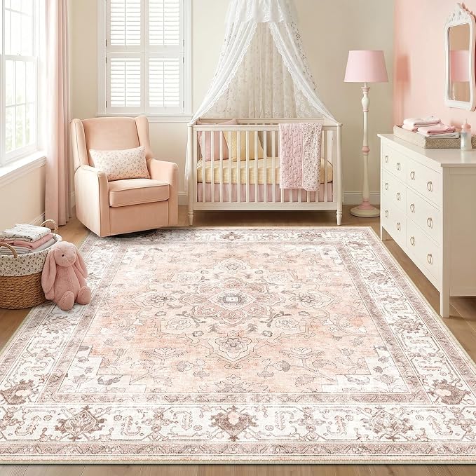 CAPALOCA Square 8ft Washable Nursery Girls Low Pile Area Rug Pink | Non-Slip Soft Rugs for Bedroom Kids Playroom Living Room, Print Pattern Water Repellent Carpet Indoor Decor