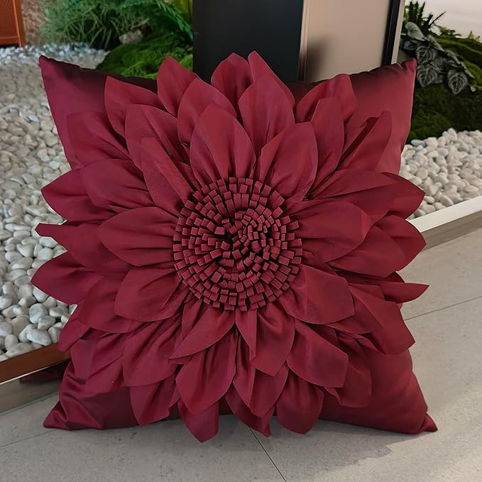 Burgundy Accent 3D Flower Decorative Throw Pillow Covers for Bed Sofa Couch | Bella's Giftshop Handmade Sunflower Taffeta Pillow Cases Living Room Bedroom Decor, 18x18 Inch