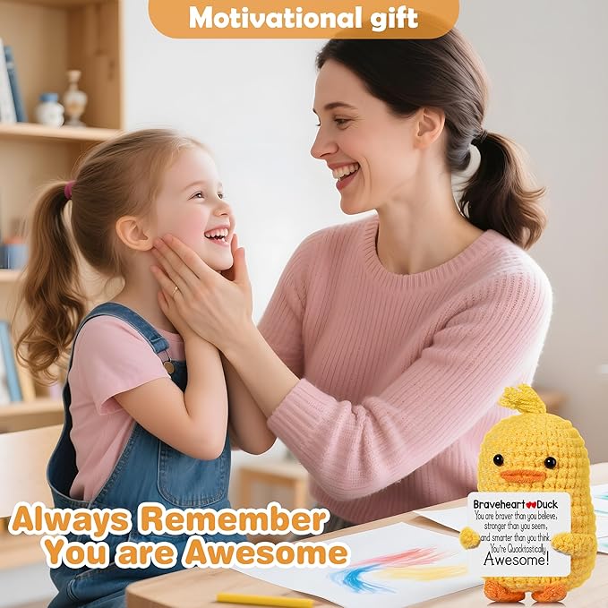 RoomyRoc Inspirational Crochet Duck, Positive Affirmation Duck Toy for Anxiety & Stress Relief, Handmade Mental Health Gifts for Women Men, Cute Home Office Desk Decor for Adults Teens