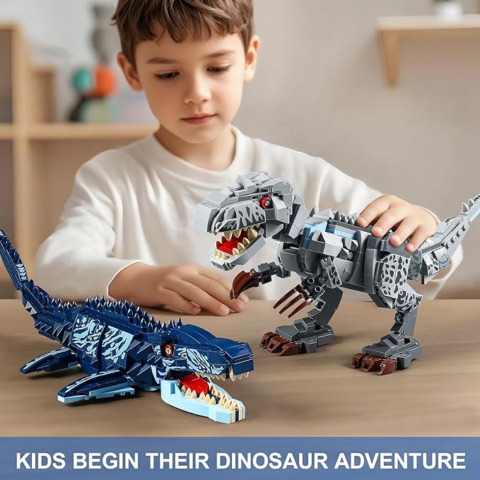Dual Dinosaur Building Sets - Indominus Rex & Mosasaurus Dinosaur Toys with Poseable Joints, STEM Educational Toys for Kids Ages 6-12, Creative Birthday Gifts for Boys and Girls