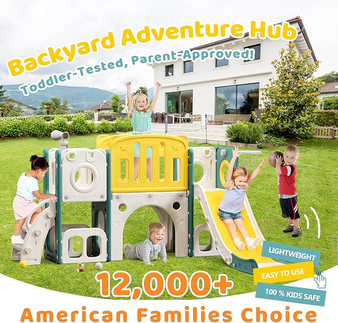 8-in-1 Toddler Climber and Slide Playset with Basketball Hoop - Indoor/Outdoor Playground Gym Activity Center for Kids