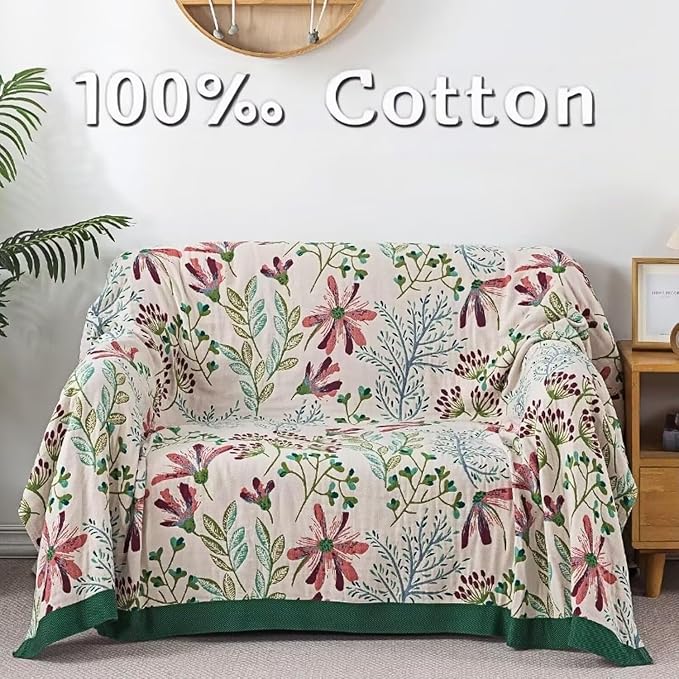 Boho Throw Blanket for Bed 100% Cotton Bohemian Blankets Ultra Soft Woven Muslin Decorative Blankets All Seasons Vintage Quilt Knitted Blanket for Sofa Chair(Green, 80"x90")