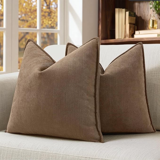 MIULEE Pack of 2 Dark Brwon Decorative Chenille Pillow Covers 18x18 Inch | Soft Couch Throw Pillows,Farmhouse Cushion Covers with Elegant Design for Sofa,Bedroom,Living Room,Spring Home Decor