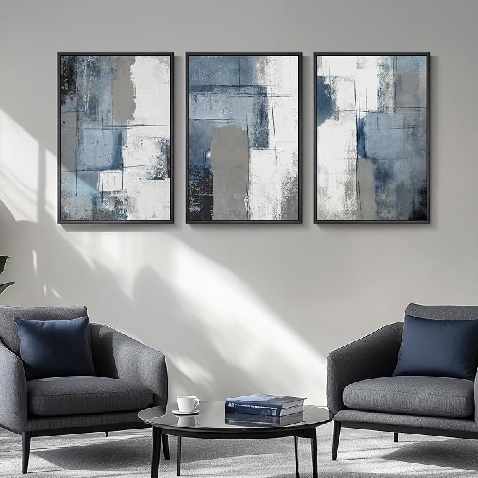 Large Framed Blue and Grey Abstract Wall Art, 3 Piece Modern Canvas Prints Paintings Artwork for Walls, Minimalist Abstract Block Pictures for Living Room Entryway Hallway Bedroom Wall Decor 20x30 In