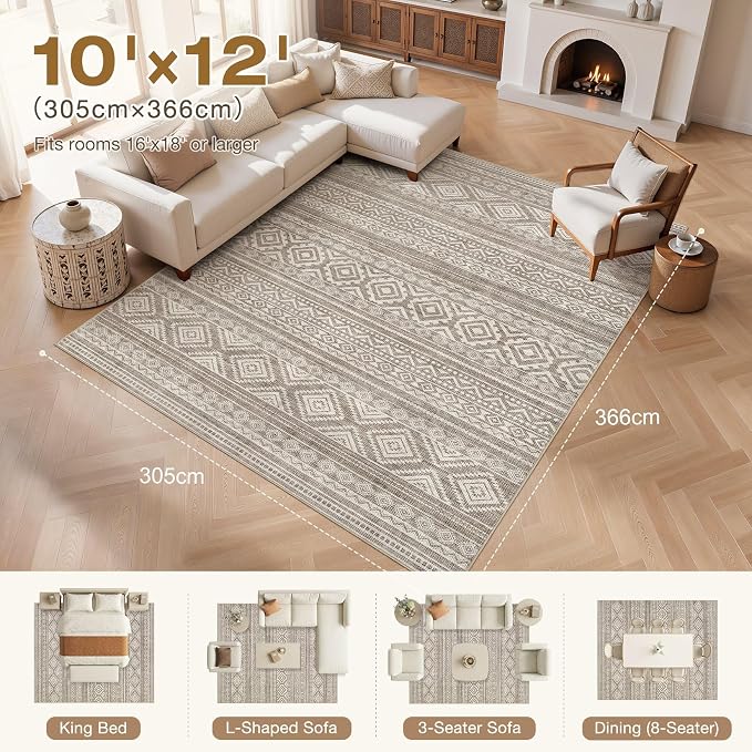 cotiled 10x12 Area Rugs Living Room Rug: Washable Boho Rugs with Non Slip Backing Large Soft Indoor Stain Resistant Carpet for Bedroom Farmhouse Dining Room Lightweight Home Decor Coffee Brown