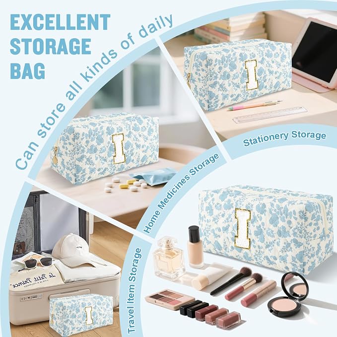 Personalized Quilted Cosmetic Bag, Puffy Monogrammed Christmas Birthday Gifts for Women & Girls, Cute initial Floral Makeup Bag Puffer Coquette Bag, Aesthetic Travel Toiletry Zipper Pouch(Blue,I)