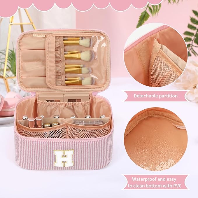 OCHEAL Makeup Bag Valentines Day Gifts for Women, Monogram Cosmetic Bag Pink Travel Makeup Case Beauty Toiletry Bag Organizer Personalized Gifts for Girls Bridesmaid, Sister, Wife, Friends Initial H