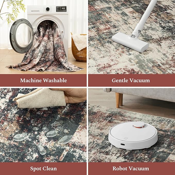 Rugflix 5x7 Area Rugs for Living Room, Washable Rust Brown Green Large Rug | Machine Washable; Stain-Resistant; Low Pile; Non-Slip; Modern Abstract; Carpet for Bedroom Dining Office Nursery Home