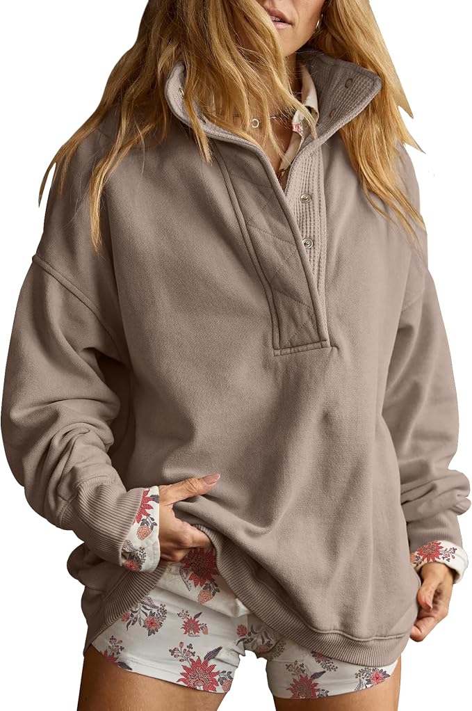 Gacaky Sweatshirt for Women Oversized Casual Long Sleeve Button Henley Neck Pullover Tops Fashion Outfits Clothes