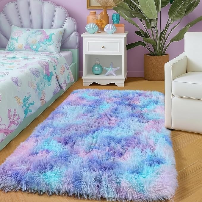 Amdrebio Purple Rainbow 2x3 Small Area Rugs for Bedroom Girls Room Decor, Fuzzy Plush Colorful Mermaid Kids Rugs for Playroom Nursery Dorm, Fluffy Furry Cute Shag Kawaii Carpet for Baby Toddler Teen