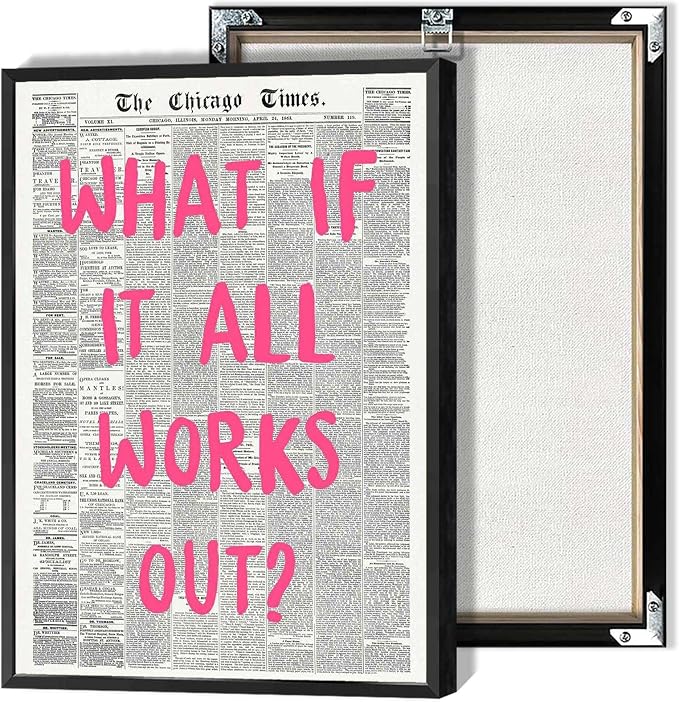What If It All Works Out Poster Retro Newspaper Pink Font Canvas Wall Art Positive Affirming Quote Minimalist Prints Painting For Home Bedroom Dorm Wall Decor 12x16in Framed