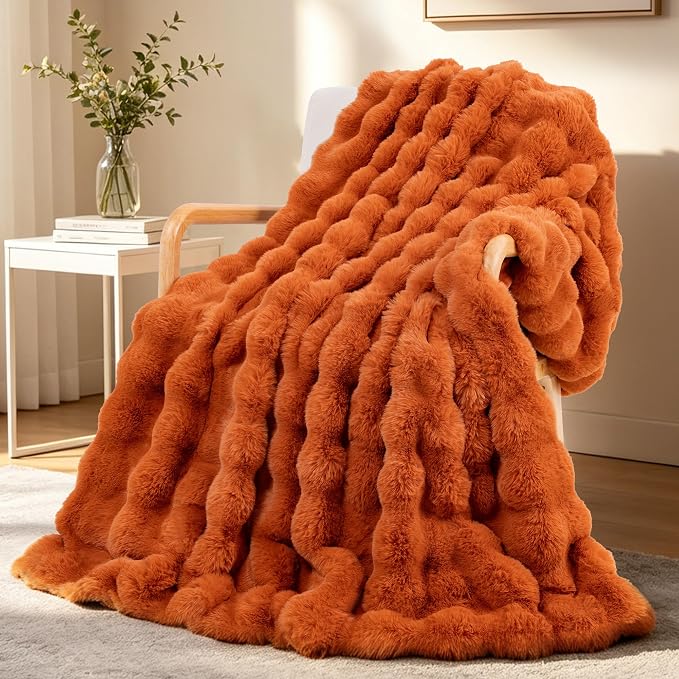 Luxury 1000GSM Rabbit Faux Fur Blanket, Super Warm Cozy Brown Blankets for Couch Bed Sofa, Ruched Plush Fuzzy Elegant Soft Reversible Mink Blanket Living Room Bedroom, 50" x 60",Orange