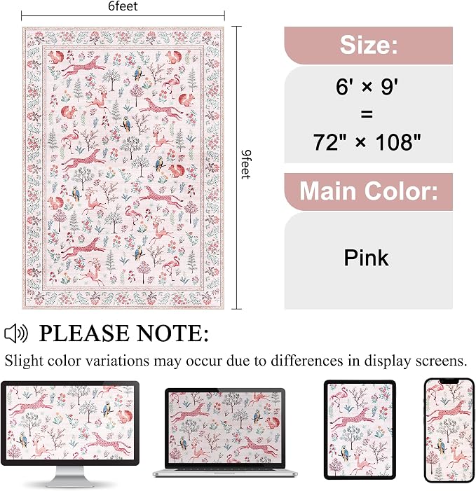 DUKINO 6x9 Area Rug, Washable Animal Living Room Rug Non Slip, Pink | Soft, Low Pile, Non-Shedding Indoor Large Carpet for Bedroom, Dining Room, Kids PlayRoom, Farmhouse, Pet Friendly, Home Decor