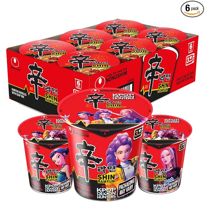 Nongshim Shin Ramyun Cup of Noodles, Spicy Signature Korean Instant Ramyun, Rich Beef Flavored Broth, Quick and Easy, Microwaveable Cup, 2.64 oz (Pack of 6)