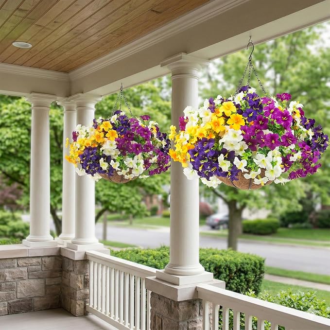 2 Set Artificial Outdoor Flowers with Hanging Baskets,24 Pcs UV Resistant Faux Petunias Flowers with Hanging Planter for Front Door Porch Spring Outside Decor (2, White,Yellow,Purple,RedViolet)